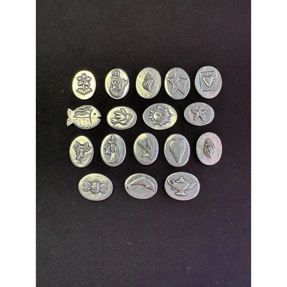 17 Vilmain Pewter Pocket Tokens Charms Heart Angel Flower Fairy Bee Dolphin Fish